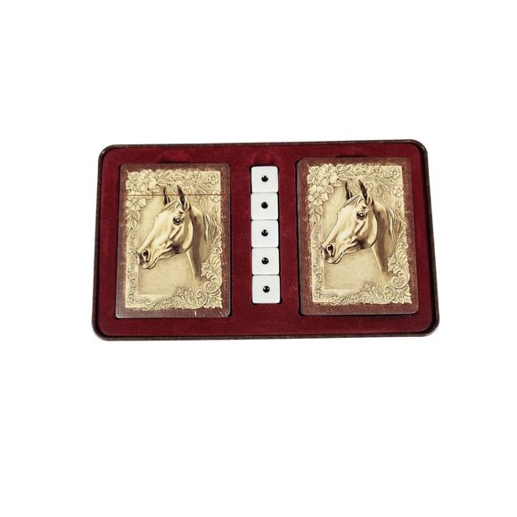 Vintage Playing 2 Decks Cards & Dice HORSES OF THE WORLD in Tin Box - Picture 2 of 4